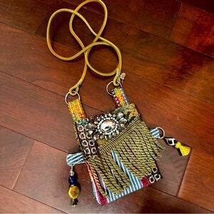 Handmade Boho Fabric Wallet Necklace Beaded Fringe One of a Kind Artisan Signed